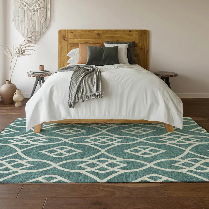 Teal And Ivory Trellis Washable Area Rug With UV Protection Photo 6