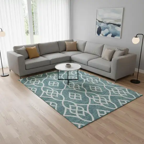 Teal And Ivory Trellis Washable Area Rug With UV Protection Photo 2