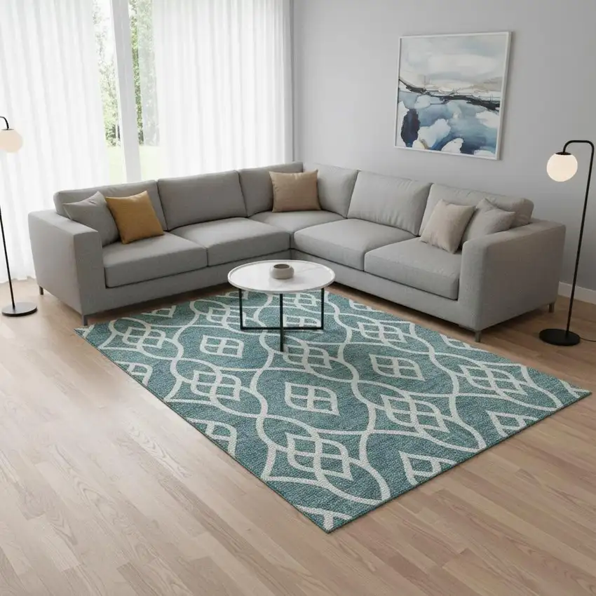 Teal And Ivory Trellis Washable Area Rug With UV Protection Photo 2