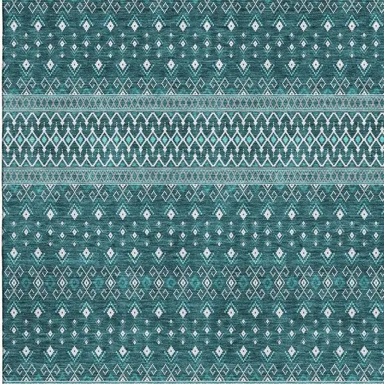 Teal And Ivory Tribal Washable Area Rug With UV Protection Photo 2