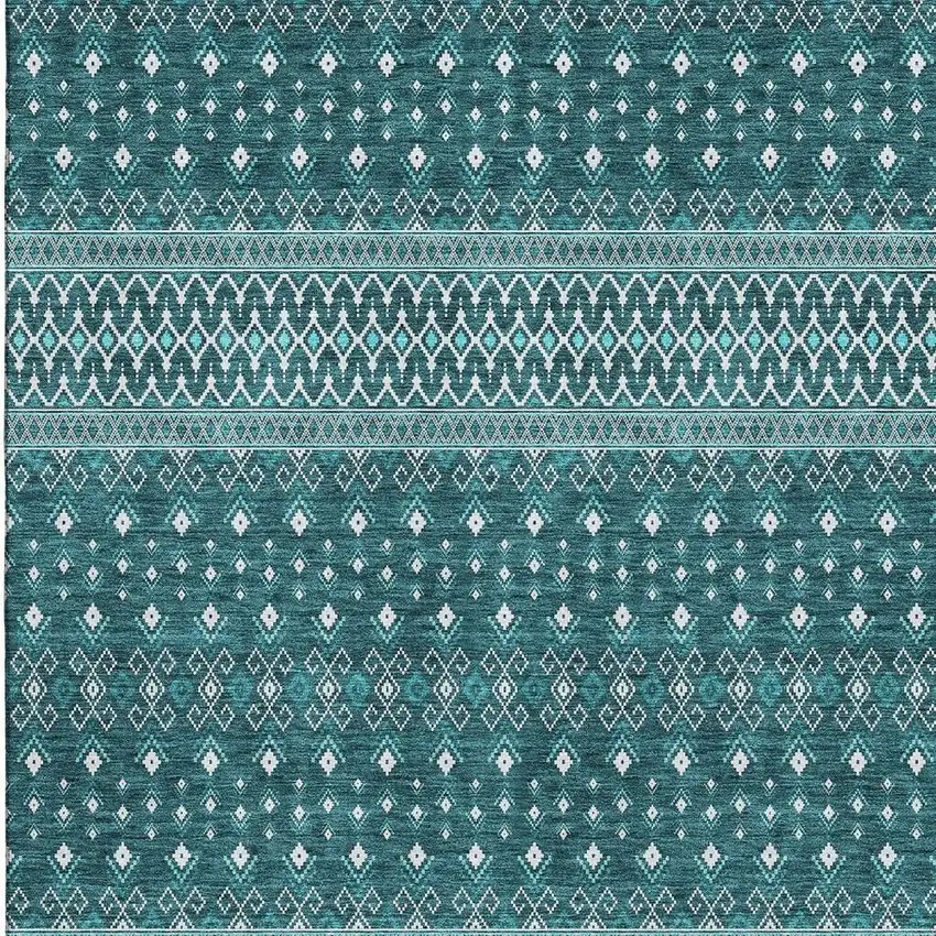 Teal And Ivory Tribal Washable Area Rug With UV Protection Photo 2