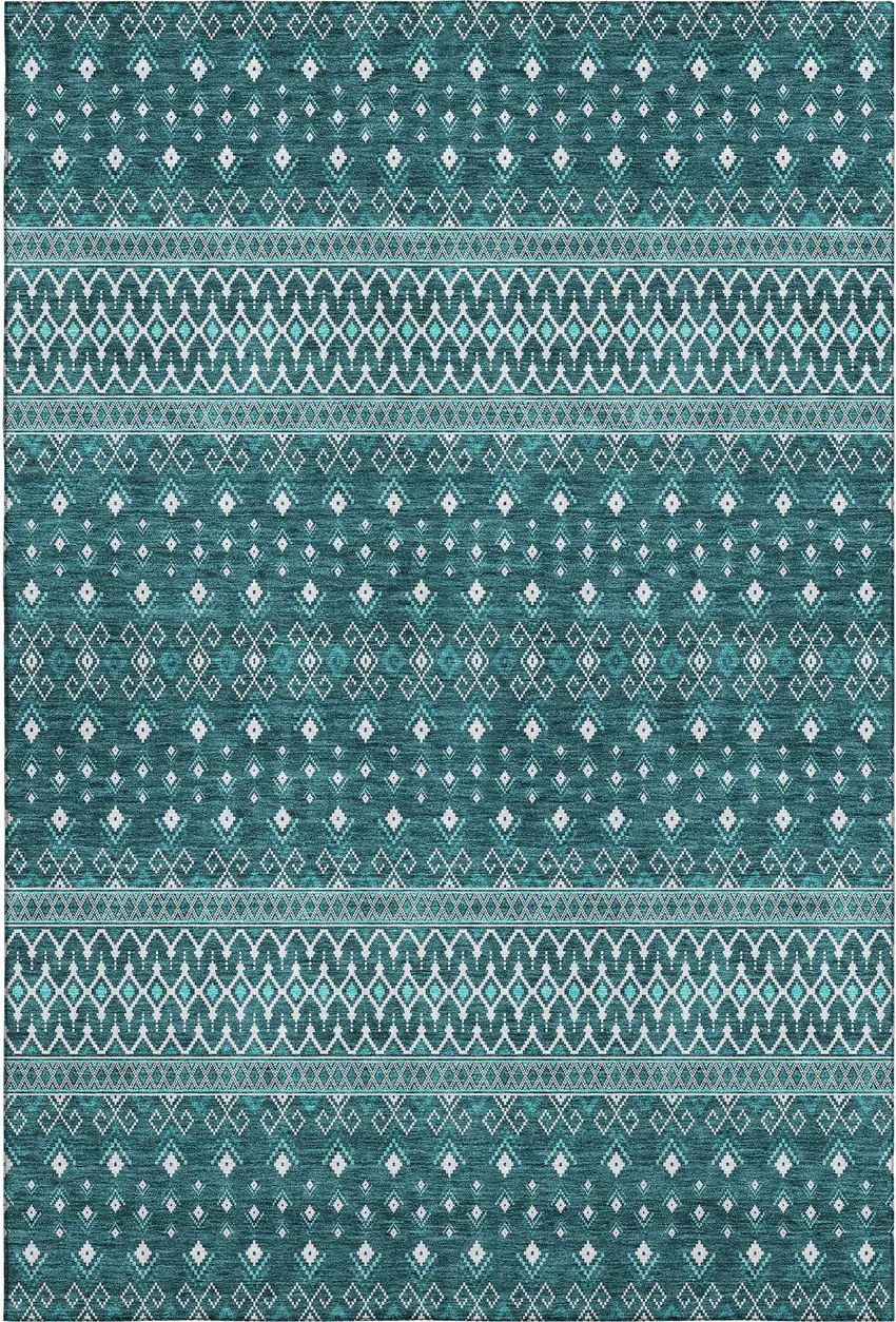 Teal And Ivory Tribal Washable Area Rug With UV Protection Photo 1