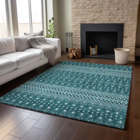 Teal And Ivory Tribal Washable Area Rug With UV Protection Photo 5