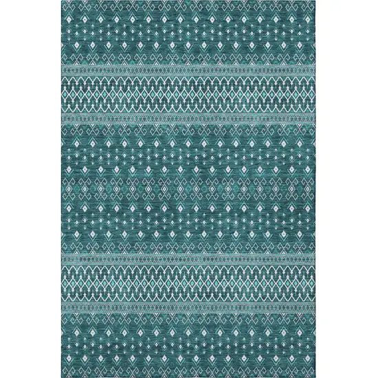 Teal And Ivory Tribal Washable Area Rug With UV Protection Photo 3