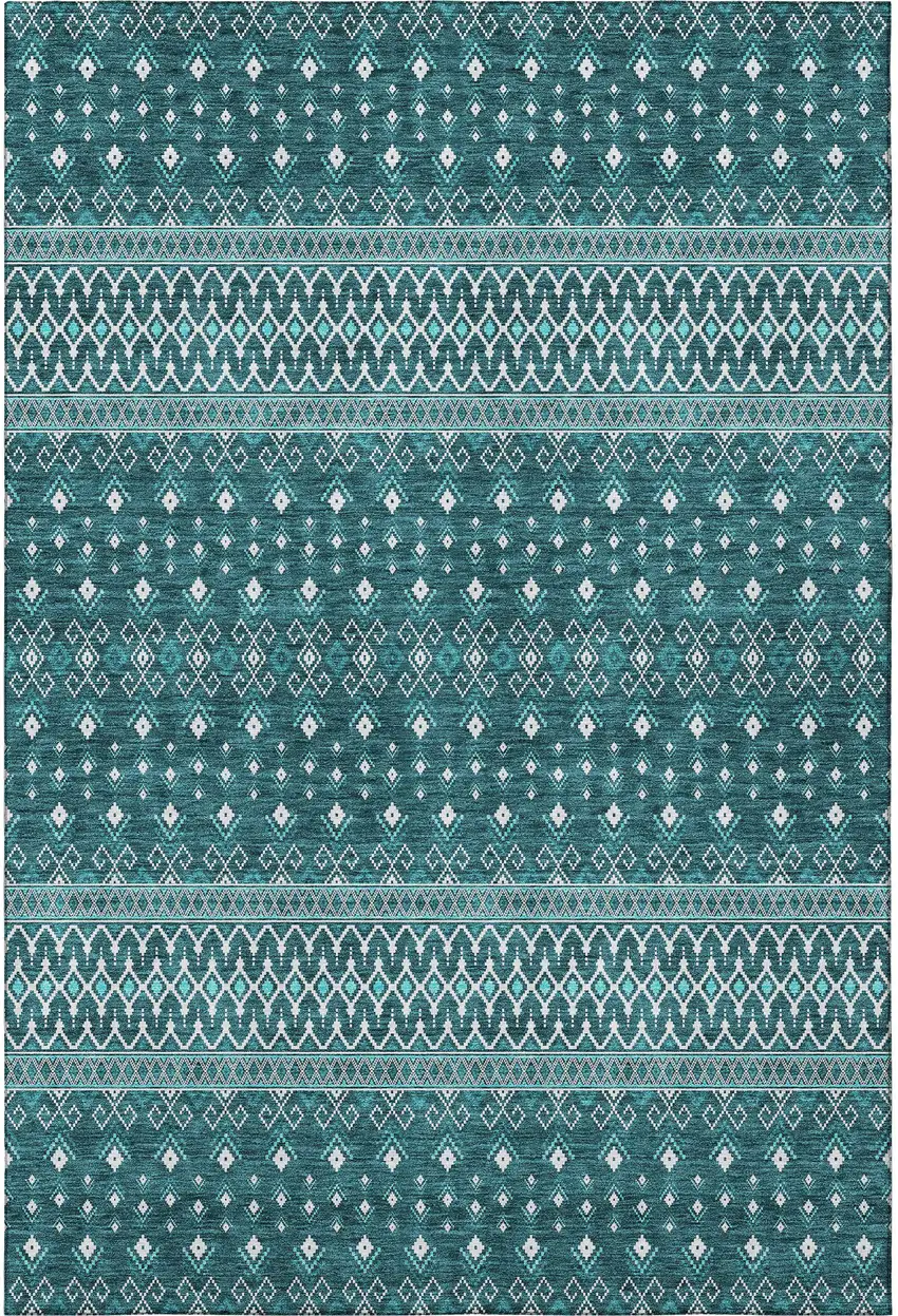 Teal And Ivory Tribal Washable Area Rug With UV Protection Photo 3
