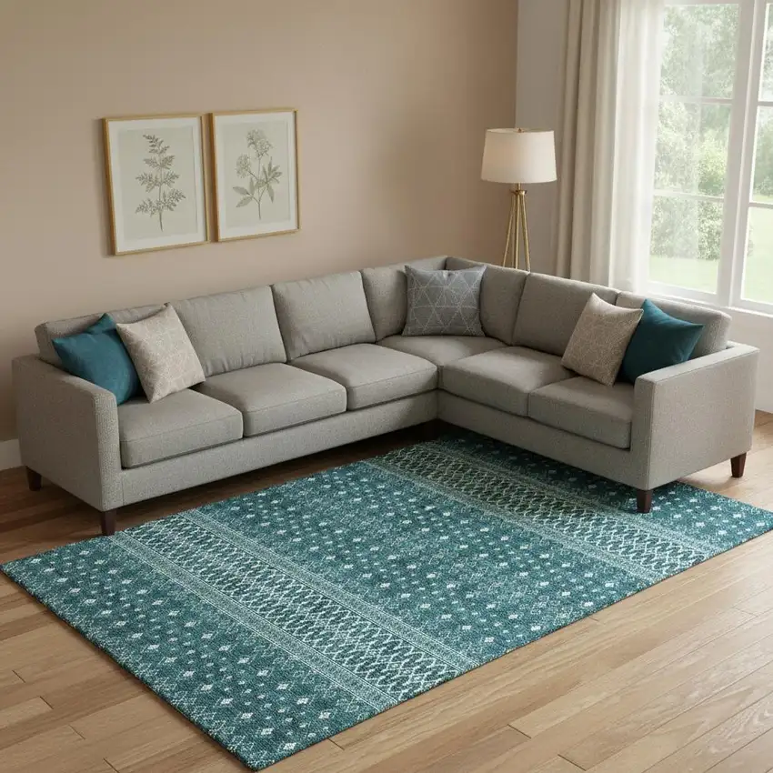 Teal And Ivory Tribal Washable Area Rug With UV Protection Photo 1