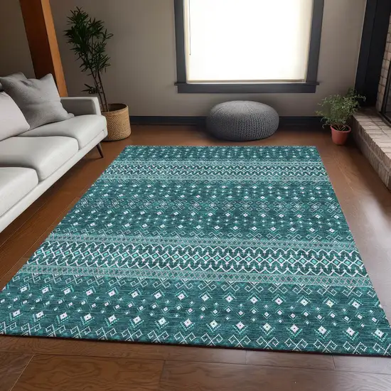 Teal And Ivory Tribal Washable Area Rug With UV Protection Photo 4