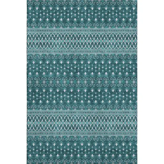 Teal And Ivory Tribal Washable Area Rug With UV Protection Photo 1