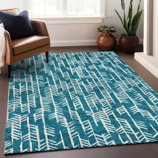 Teal And Ivory Tribal Washable Area Rug With UV Protection Photo 5