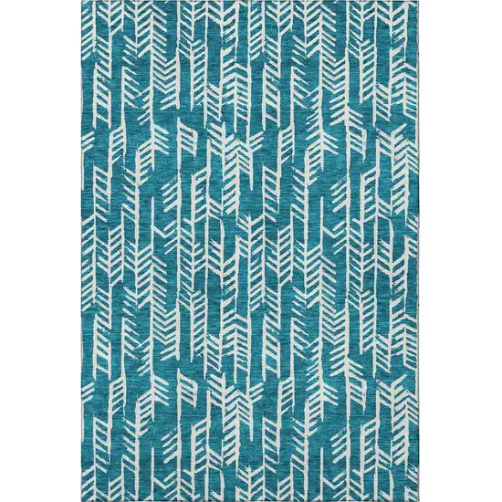 Teal And Ivory Tribal Washable Area Rug With UV Protection Photo 4