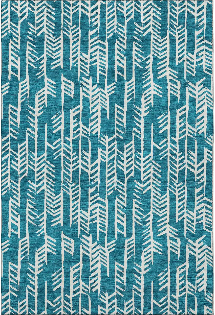 Teal And Ivory Tribal Washable Area Rug With UV Protection Photo 4