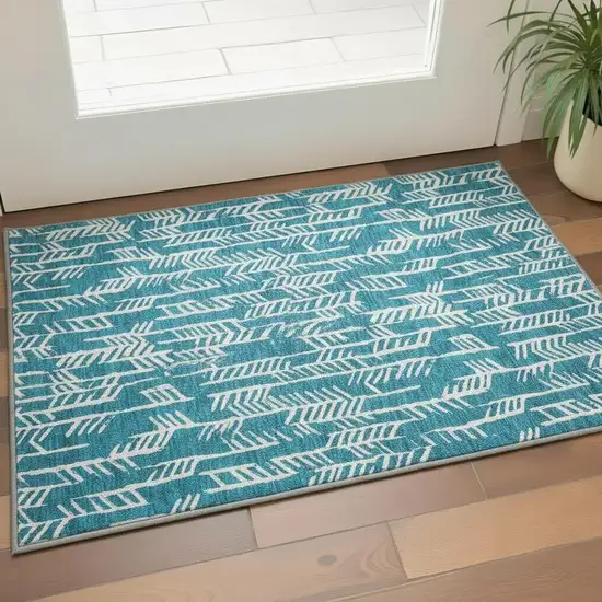 Teal And Ivory Tribal Washable Area Rug With UV Protection Photo 2