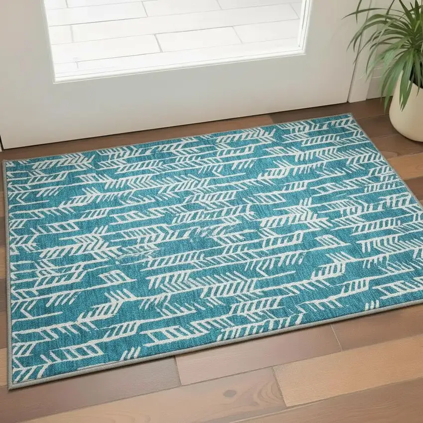 Teal And Ivory Tribal Washable Area Rug With UV Protection Photo 2