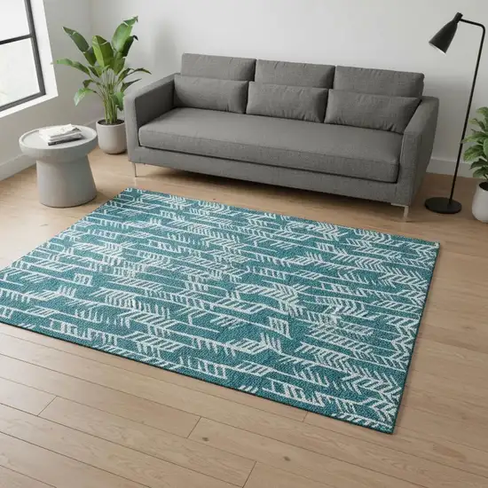 Teal And Ivory Tribal Washable Area Rug With UV Protection Photo 2