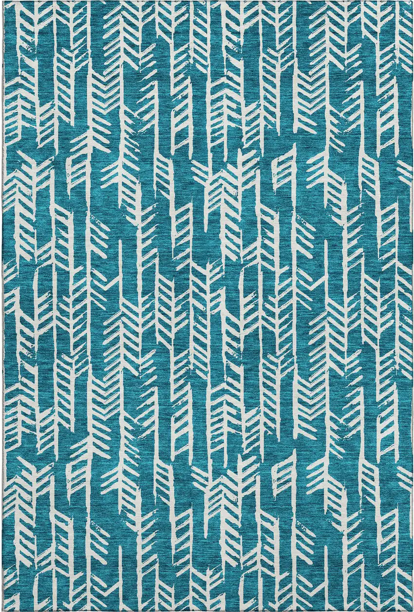 Teal And Ivory Tribal Washable Area Rug With UV Protection Photo 1
