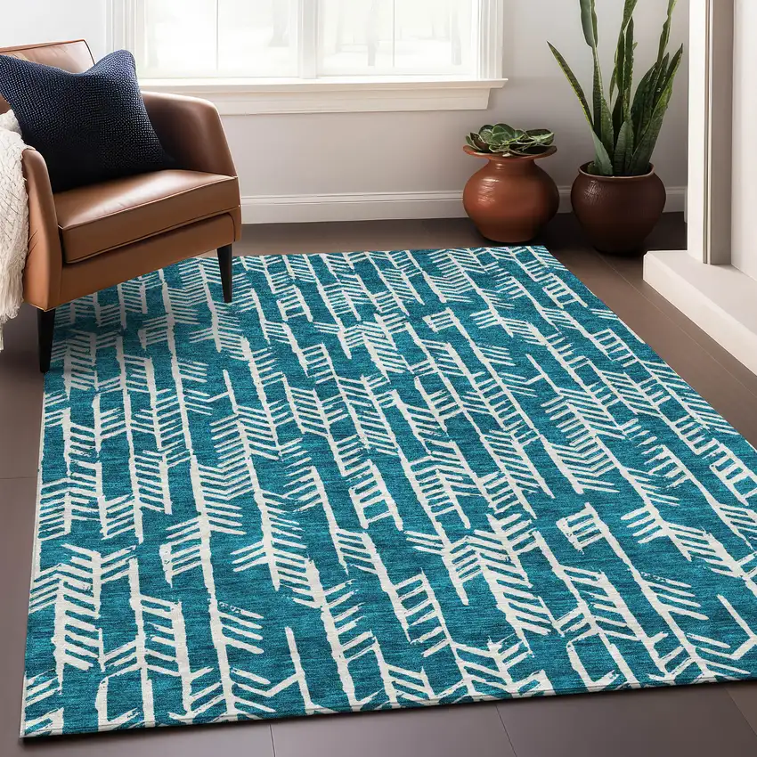 Teal And Ivory Tribal Washable Area Rug With UV Protection Photo 5