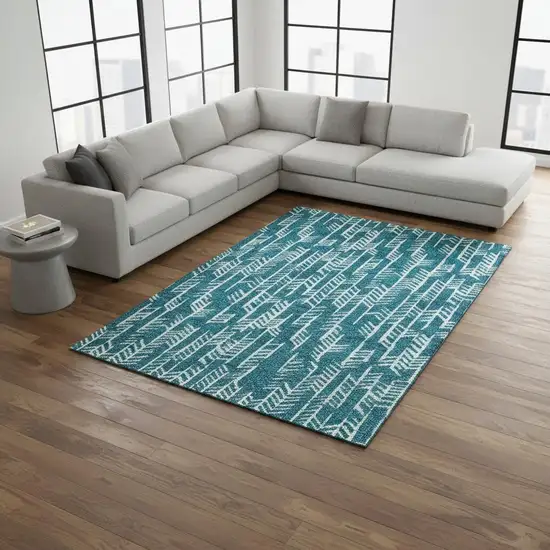 Teal And Ivory Tribal Washable Area Rug With UV Protection Photo 2