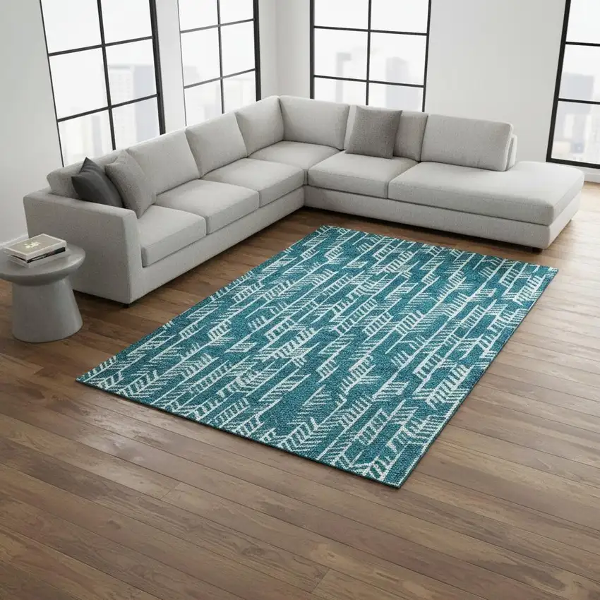 Teal And Ivory Tribal Washable Area Rug With UV Protection Photo 2