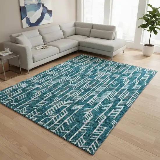 Teal And Ivory Tribal Washable Area Rug With UV Protection Photo 2