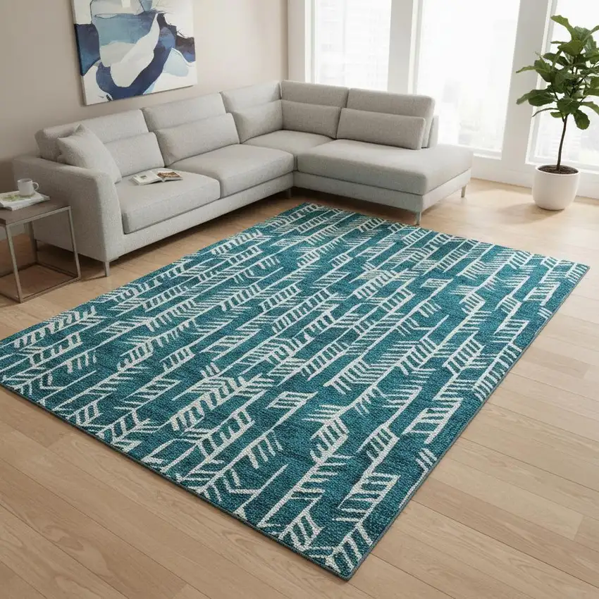 Teal And Ivory Tribal Washable Area Rug With UV Protection Photo 2