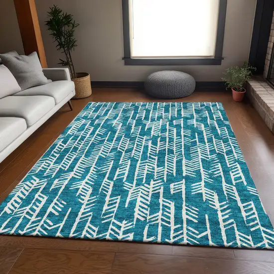 Teal And Ivory Tribal Washable Area Rug With UV Protection Photo 6