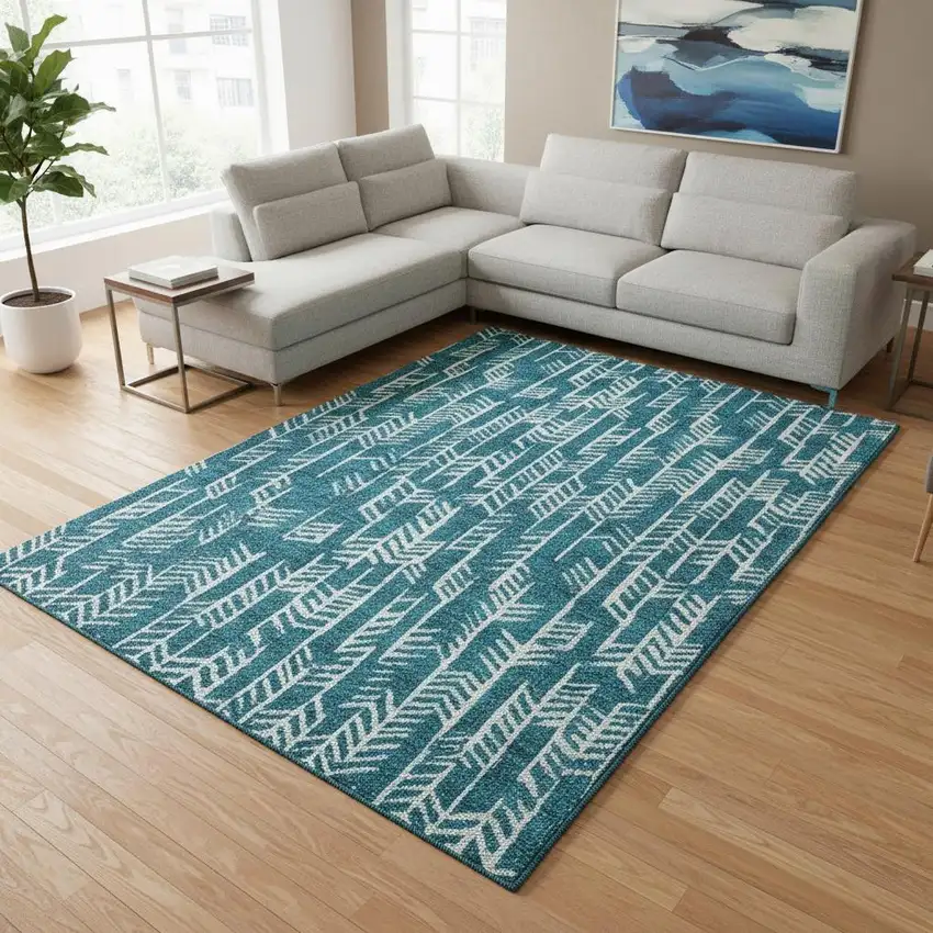 Teal And Ivory Tribal Washable Area Rug With UV Protection Photo 2