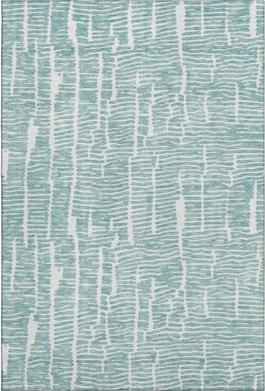 Teal And Ivory Vermicular Washable Area Rug With UV Protection Photo 1