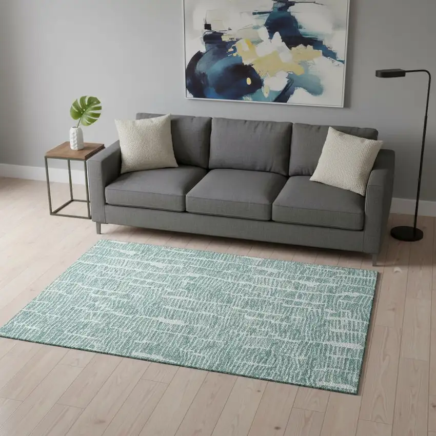 Teal And Ivory Vermicular Washable Area Rug With UV Protection Photo 2