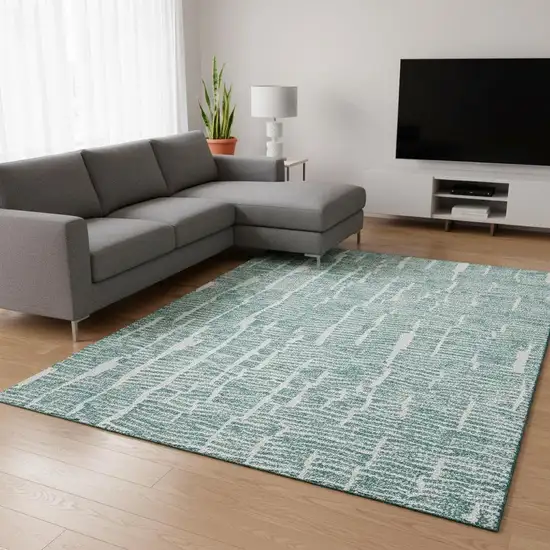 Teal And Ivory Vermicular Washable Area Rug With UV Protection Photo 2