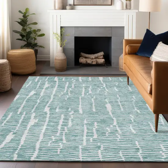 Teal And Ivory Vermicular Washable Area Rug With UV Protection Photo 6