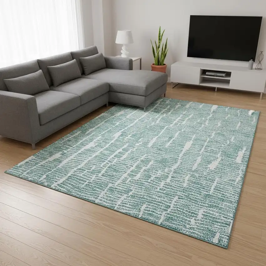 Teal And Ivory Vermicular Washable Area Rug With UV Protection Photo 2