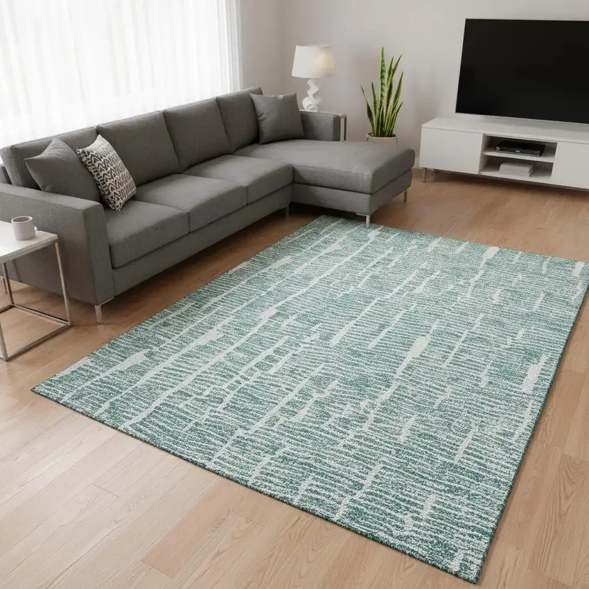 Teal And Ivory Vermicular Washable Area Rug With UV Protection Photo 2