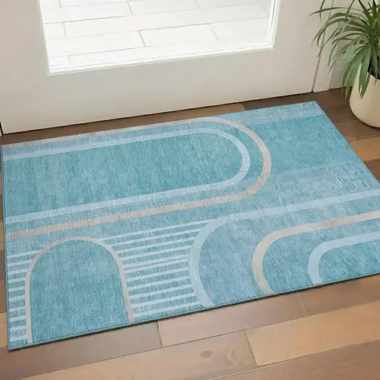 Teal And Khaki Geometric Washable Area Rug With UV Protection Photo 1