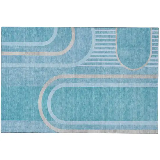 Teal And Khaki Geometric Washable Area Rug With UV Protection Photo 2