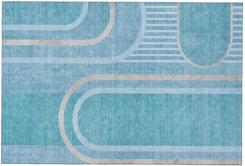 Teal And Khaki Geometric Washable Area Rug With UV Protection Photo 2