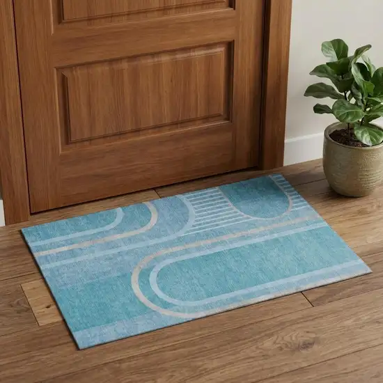 Teal And Khaki Geometric Washable Area Rug With UV Protection Photo 1