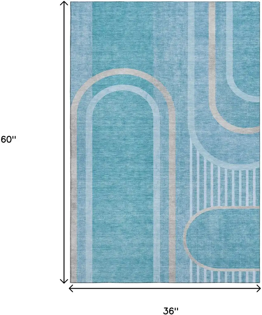 Teal And Khaki Geometric Washable Area Rug With UV Protection Photo 3