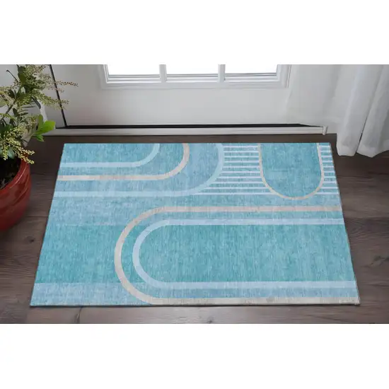 Teal And Khaki Geometric Washable Area Rug With UV Protection Photo 2