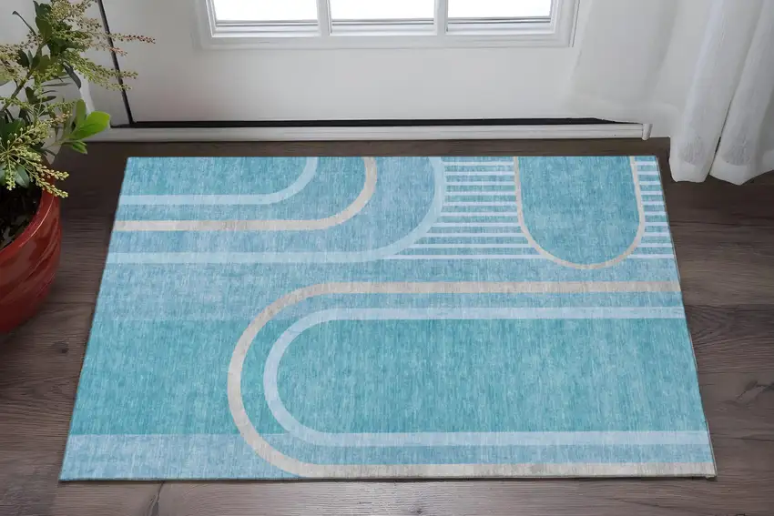 Teal And Khaki Geometric Washable Area Rug With UV Protection Photo 2