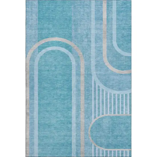 Teal And Khaki Geometric Washable Area Rug With UV Protection Photo 1