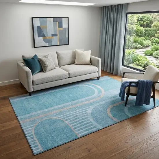 Teal And Khaki Geometric Washable Area Rug With UV Protection Photo 1