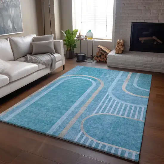 Teal And Khaki Geometric Washable Area Rug With UV Protection Photo 5