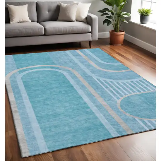 Teal And Khaki Geometric Washable Area Rug With UV Protection Photo 2