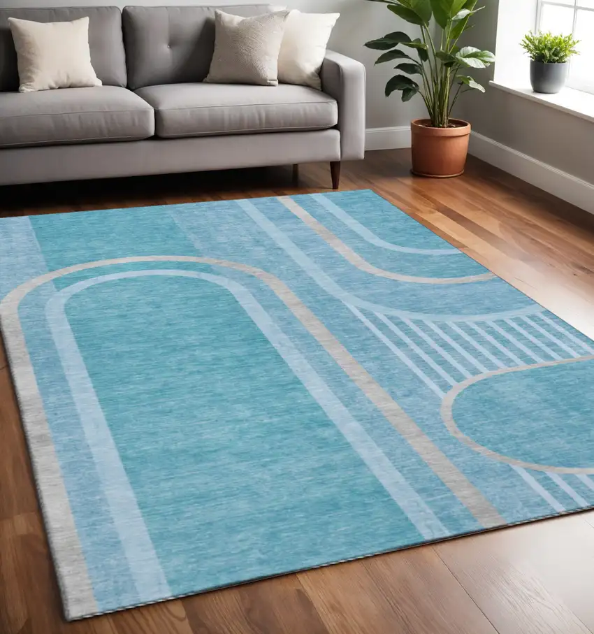 Teal And Khaki Geometric Washable Area Rug With UV Protection Photo 2