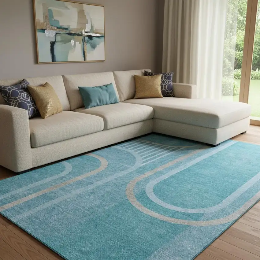 Teal And Khaki Geometric Washable Area Rug With UV Protection Photo 1