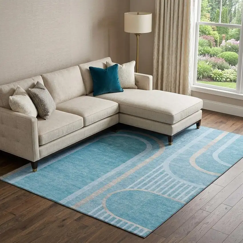 Teal And Khaki Geometric Washable Area Rug With UV Protection Photo 1