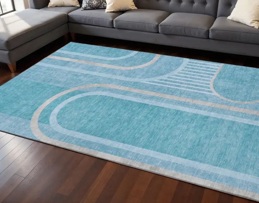 Teal And Khaki Geometric Washable Area Rug With UV Protection Photo 2