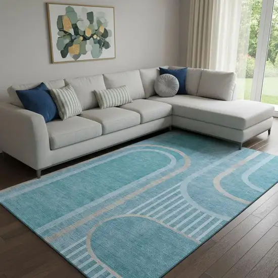 Teal And Khaki Geometric Washable Area Rug With UV Protection Photo 1