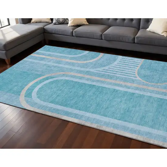 Teal And Khaki Geometric Washable Area Rug With UV Protection Photo 2
