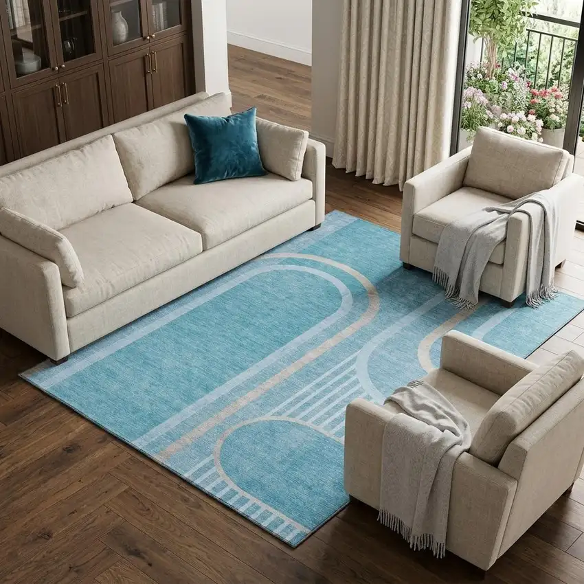 Teal And Khaki Geometric Washable Area Rug With UV Protection Photo 1